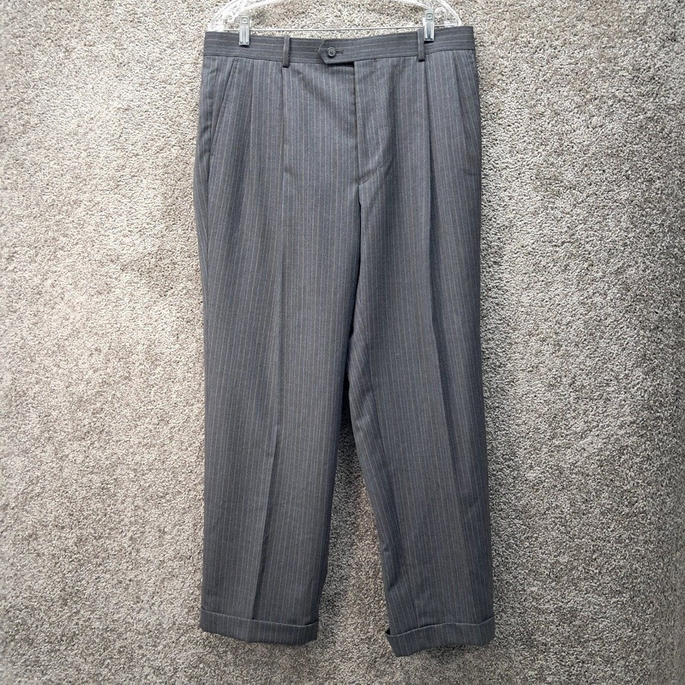 Versini Mens Gray Pinstripe Pleated Front Wool Dress Pants 36 Short